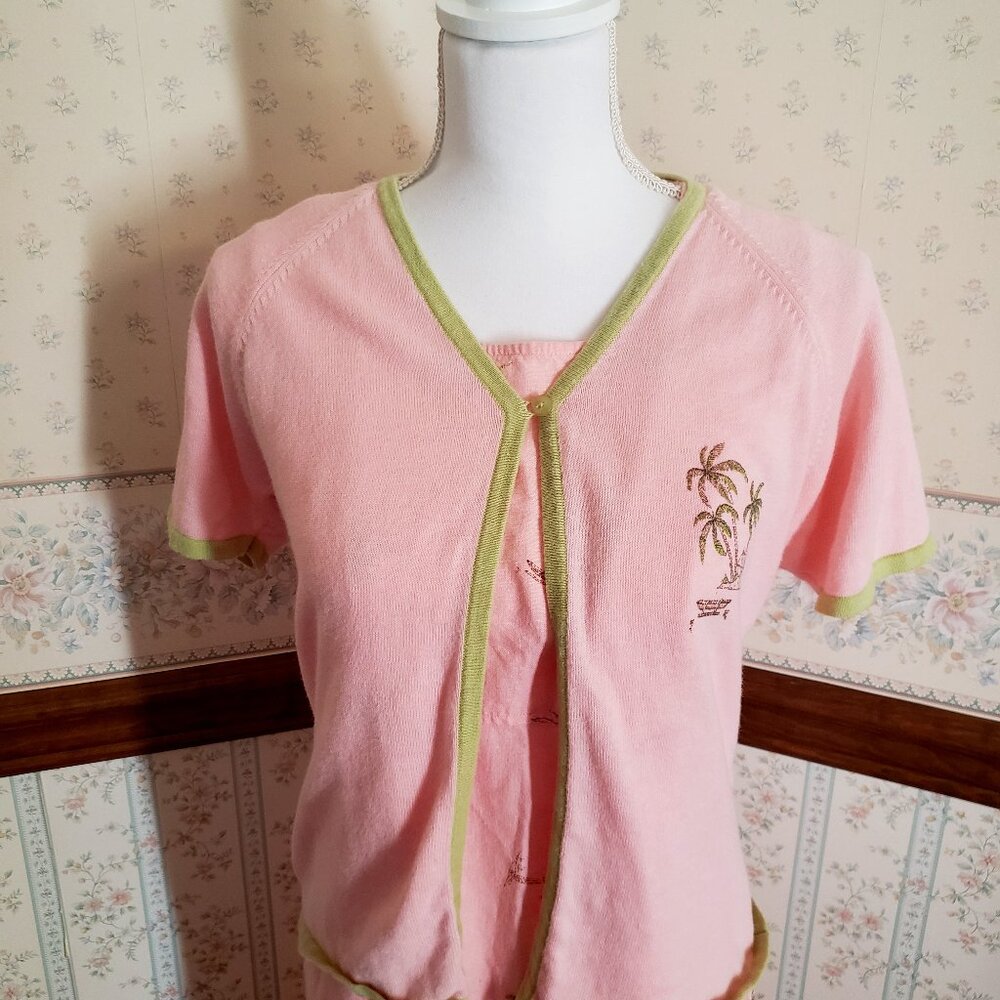 SAG HARBOR VTG PETITE PALE PINK PALM TREE DRESS WITH MATCHING CARDIGAN SWEATER